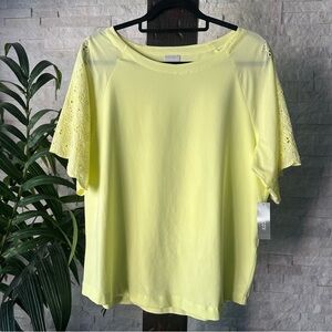 Chicos KNIT EYELET ELBOW TOP knit SOFT LIME Blouse Size 2 Large NWT